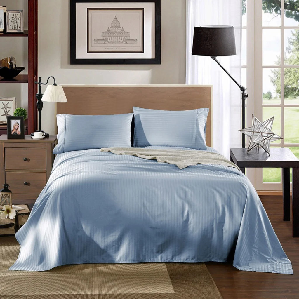 Cotton Sheet Set 1200TC Kensington Stripe-King - Chambray (Blue)