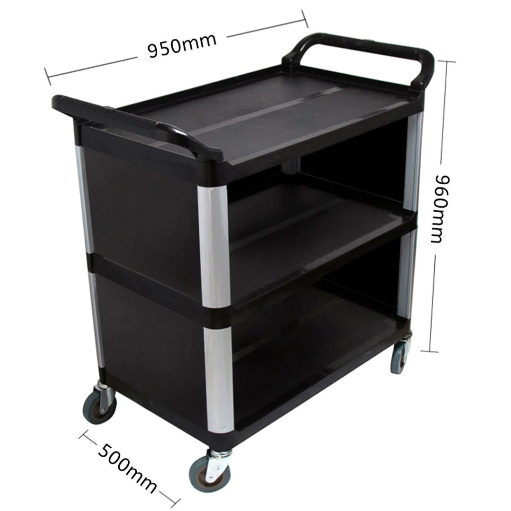 Covered Food Trolley 3 Tier Waste Cart Storage Mechanic Kitchen - Black - Premium