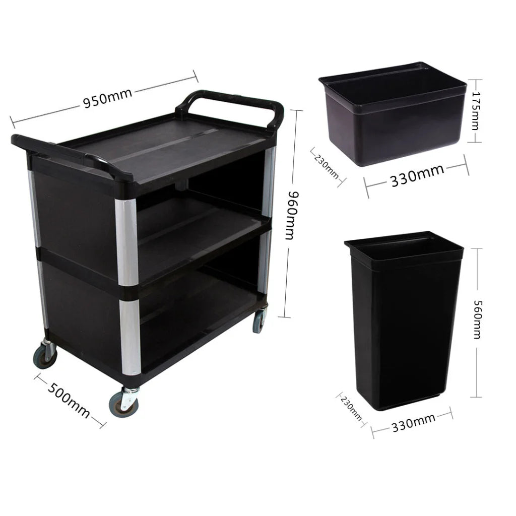 Covered Food Trolley 3 Tier Waste Cart Storage Mechanic Kitchen with Bins - Premium