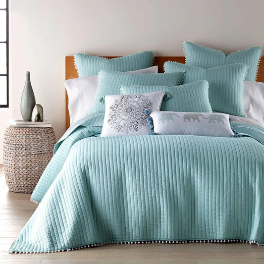 Coverlet Set Clavo Pompom 3 Piece 100% Cotton - Blue Queen
