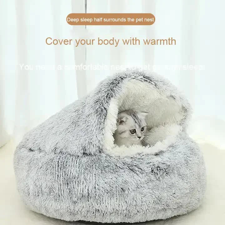 Cozy Coffee Plush Hooded Pet Bed - Ultra Soft Long Fur Cave