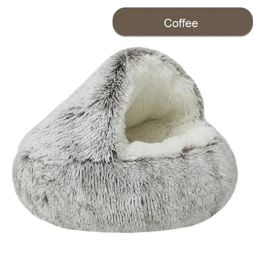 Cozy Coffee Plush Hooded Pet Bed - Ultra Soft Long Fur Cave