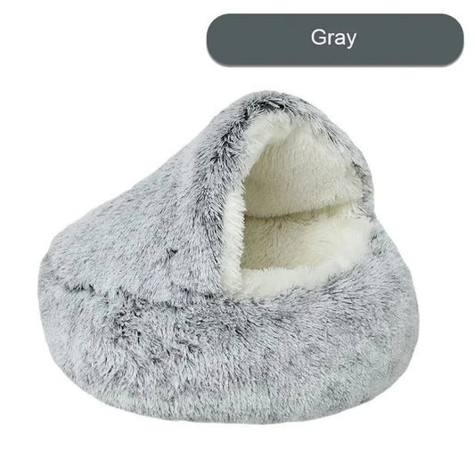 Cozy Gray Plush Hooded Pet Bed - Ultra Soft Long Fur Cave