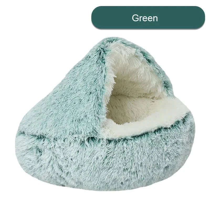 Cozy Green Plush Hooded Pet Bed - Ultra Soft Long Fur Cave