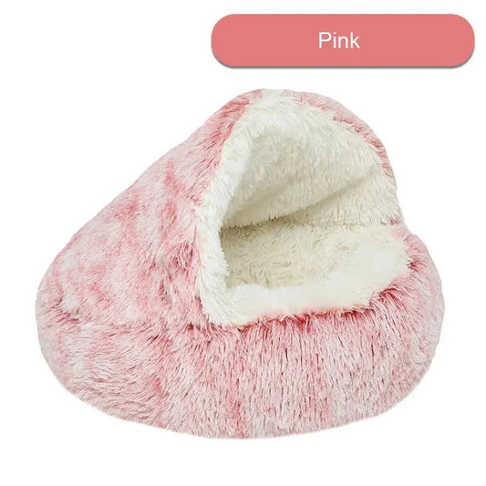 Cozy Pink Plush Hooded Pet Bed - Ultra Soft Long Fur Cave