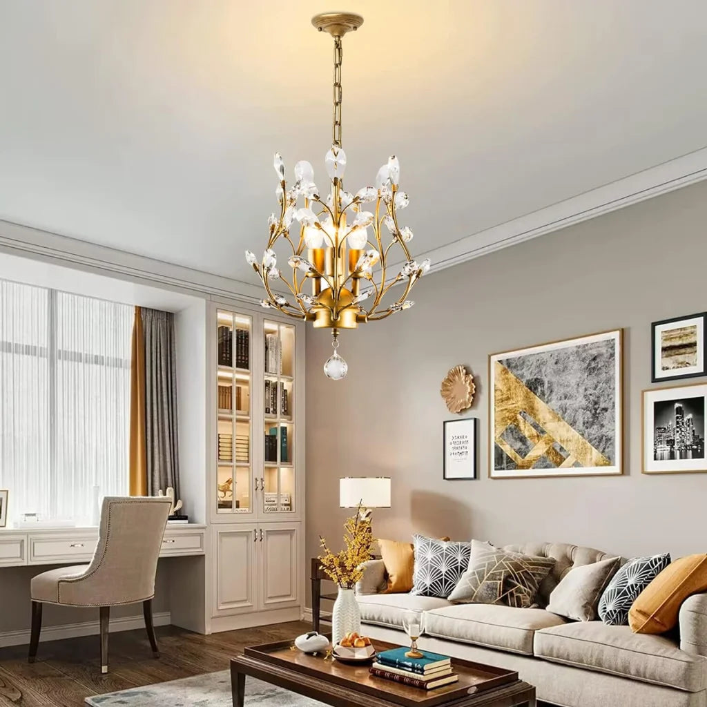 Gold crystal chandelier vintage with storage shelves and support legs