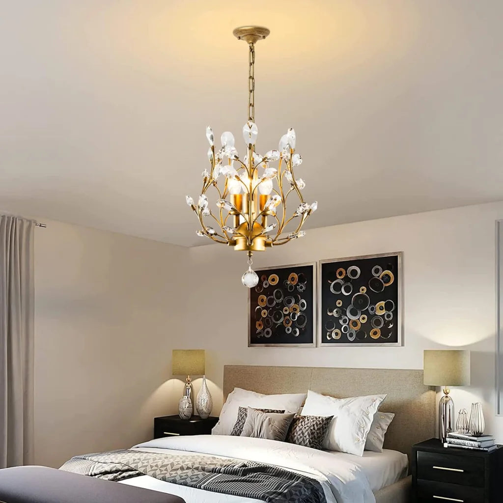 Gold crystal chandelier vintage with matching accessories and clear item layout