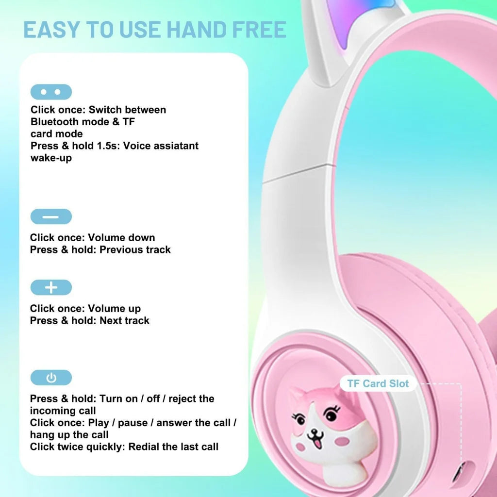 Cute Cat Ear Wireless Headphones - BT5.3 LED Lights TF Card