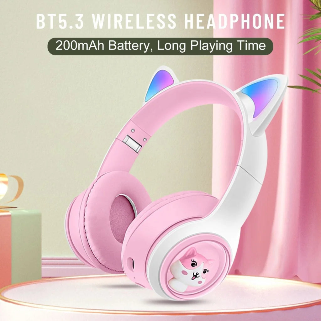 Cute Cat Ear Wireless Headphones - BT5.3 LED Lights TF Card