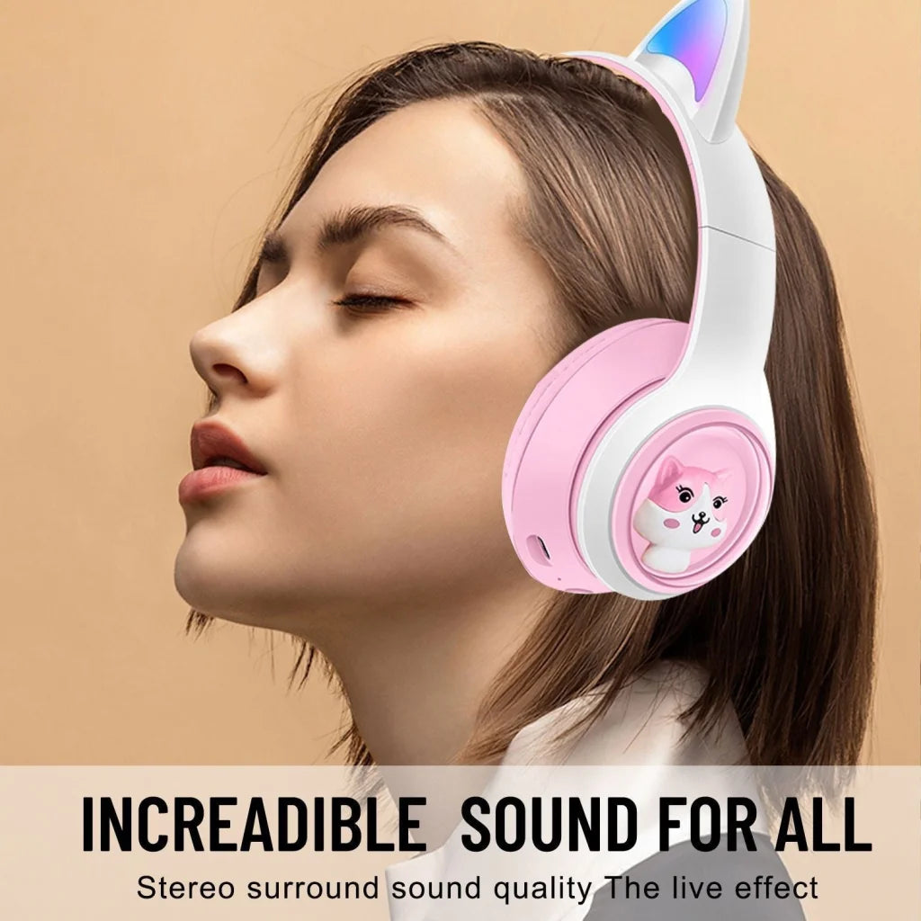 Cute Cat Ear Wireless Headphones - BT5.3 LED Lights TF Card