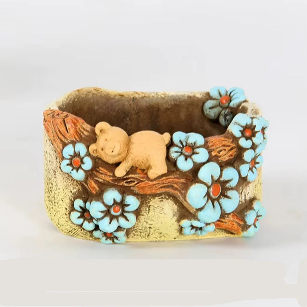 Cute hand painted bear succulent pot. Random design - Home