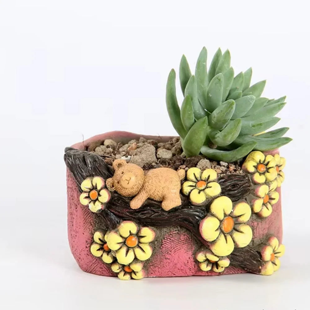 Cute hand painted bear succulent pot. Random design - Home