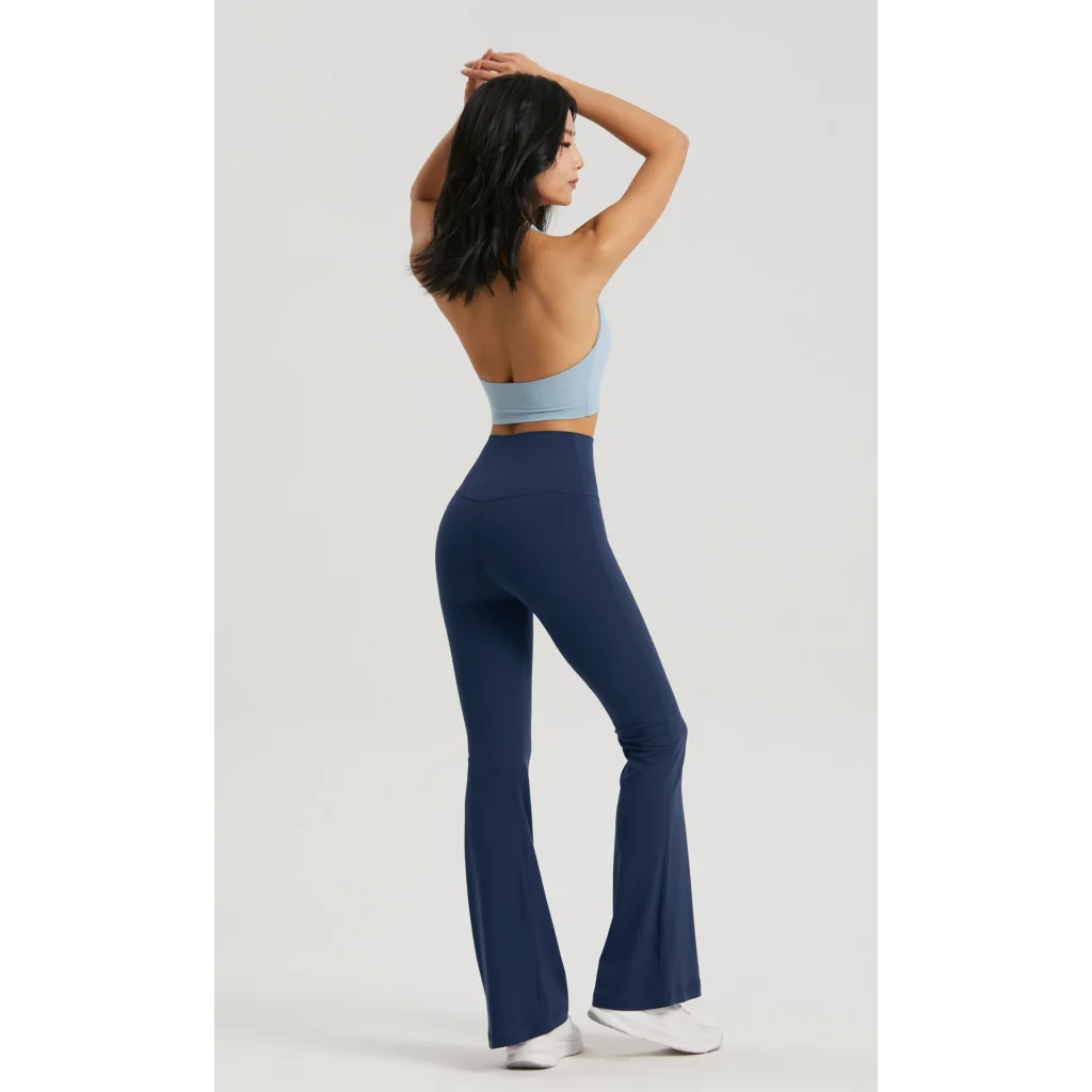 Dark Blue High-Waisted Lycra Yoga Bell-Bottom Pants