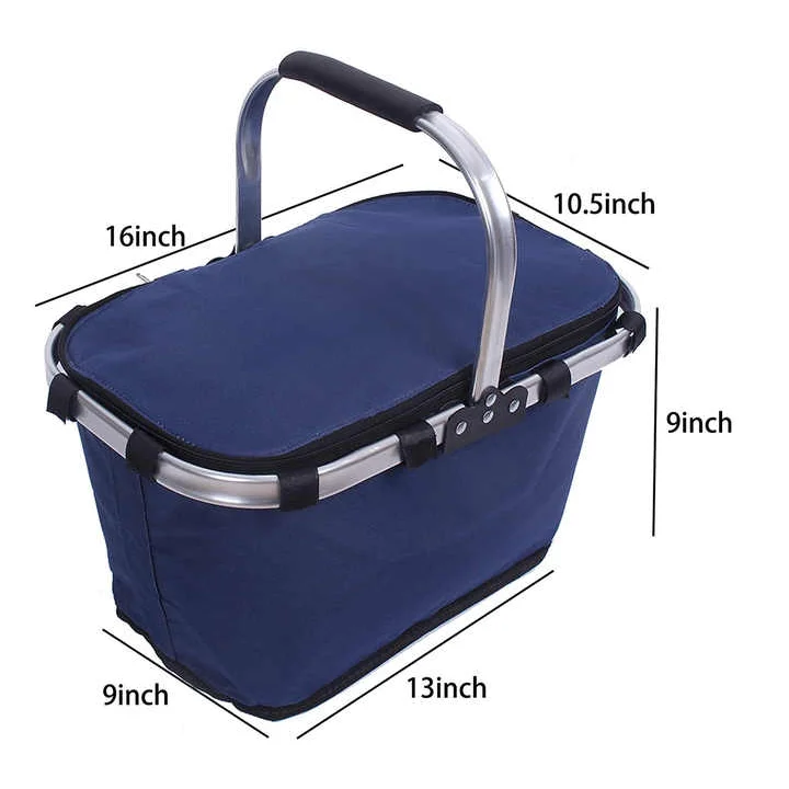 Dark Blue Portable Picnic Basket - Foldable Insulated