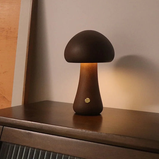 Dark Brown Solid Wood Mushroom LED Table Lamp