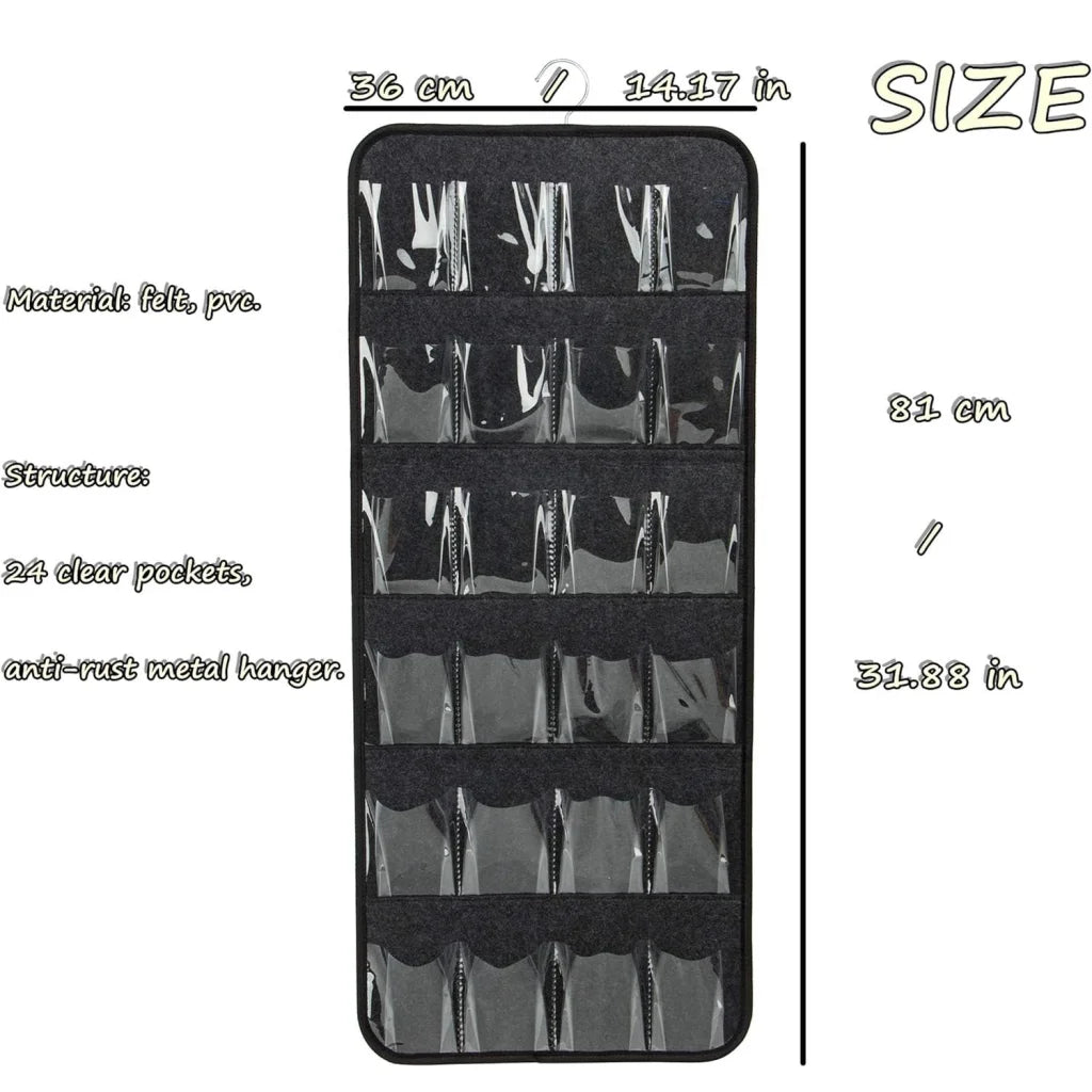Dark Grey Hanging Felt Shoe Organizer with 24 Clear Pockets