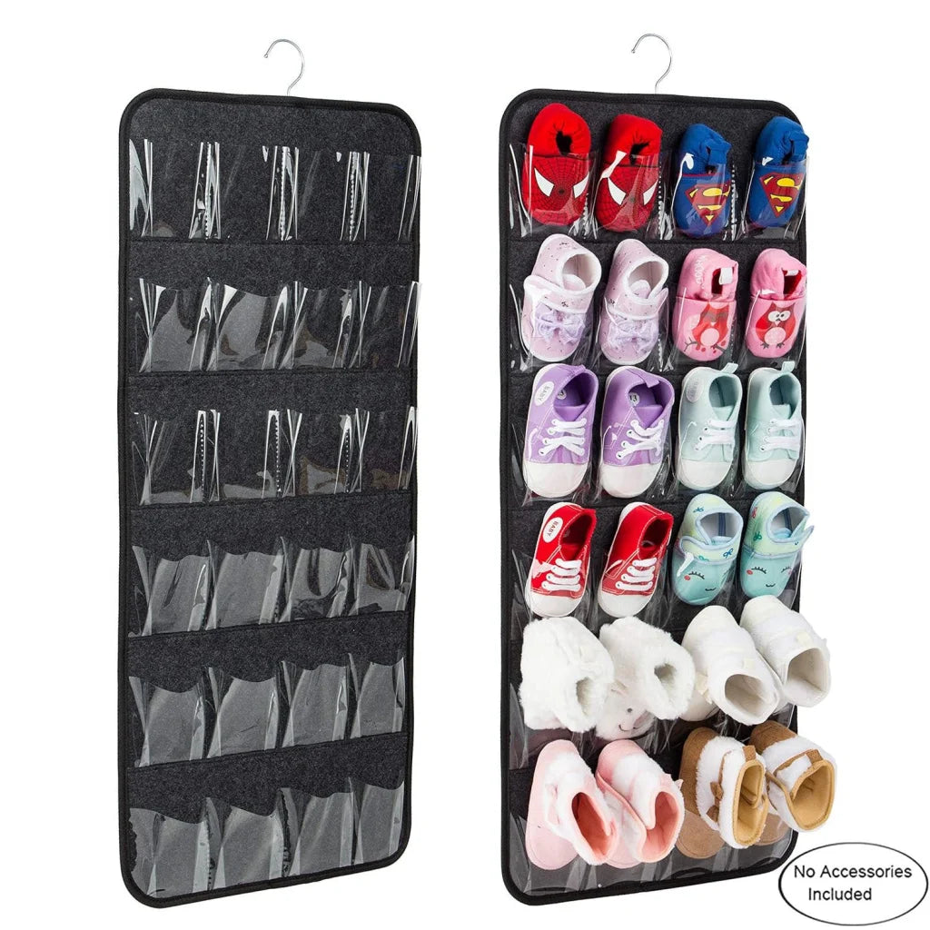 Dark Grey Hanging Felt Shoe Organizer with 24 Clear Pockets