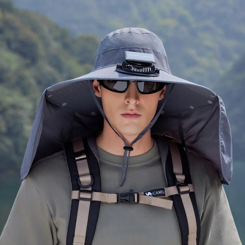 Dark Grey Outdoor Solar Fan Sun Hat - Large Brim Fishing