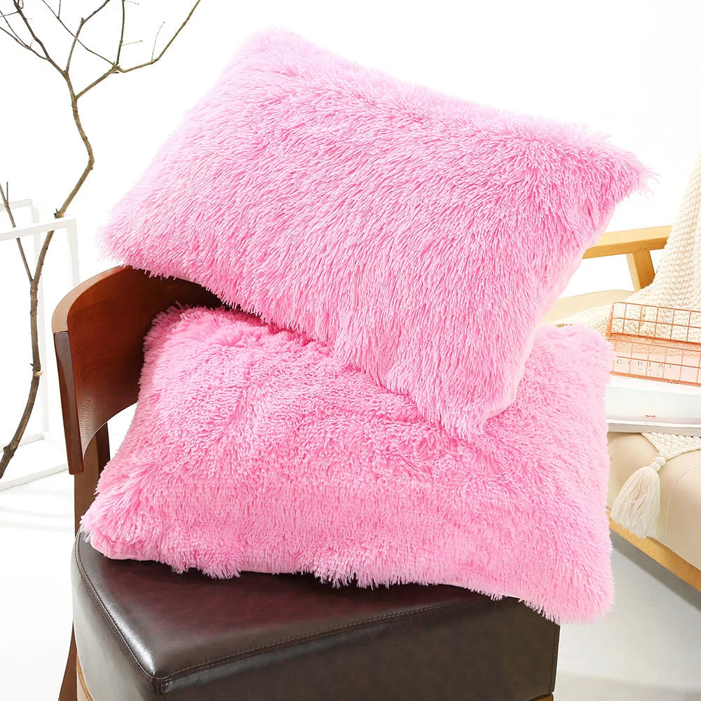 Dark Pink Faux Fur Pillowcase Set - Crystal Velvet Plush