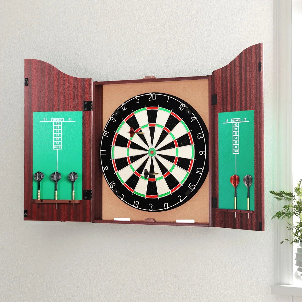 Dartboard 18 Steel Darts Wooden Cabinet Party Game 636
