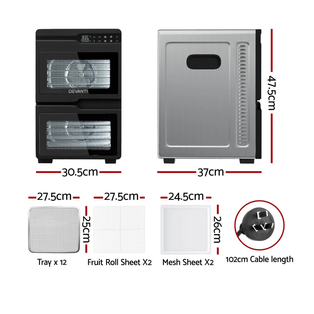 Devanti 12 Trays Food Dehydrator Dual-Zone Stainless Steel