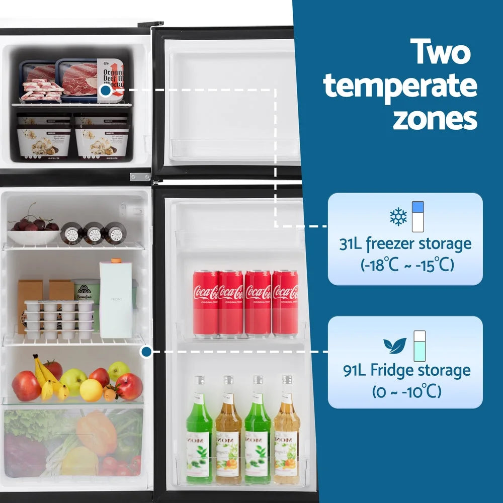 Black 122l mini bar fridge with black door and internal shelf area