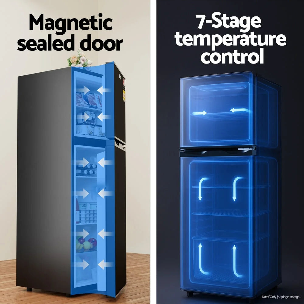 Black 122l mini bar fridge with black cabinet and interior shelf space
