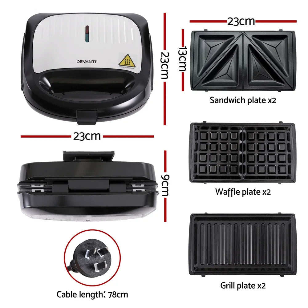 Devanti 3-in-1 Sandwich Press Waffle Maker Panini Press
