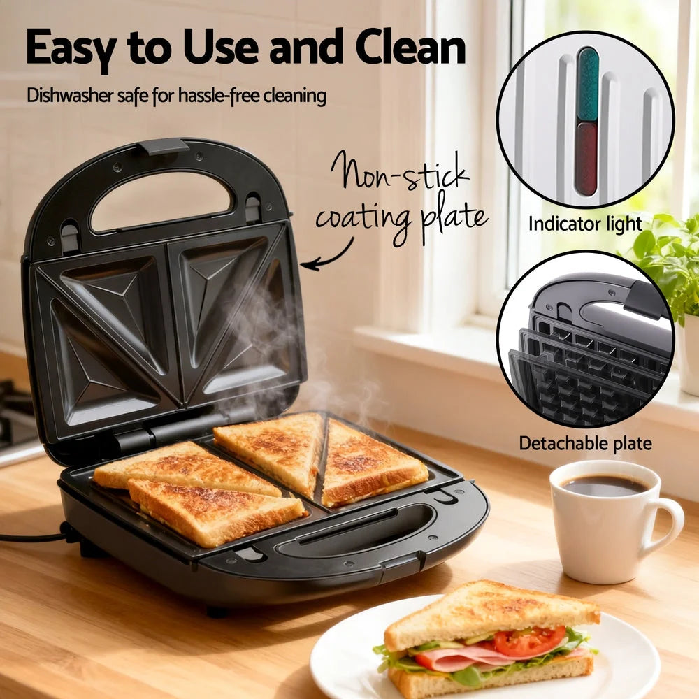 Devanti 3-in-1 Sandwich Press Waffle Maker Panini Press