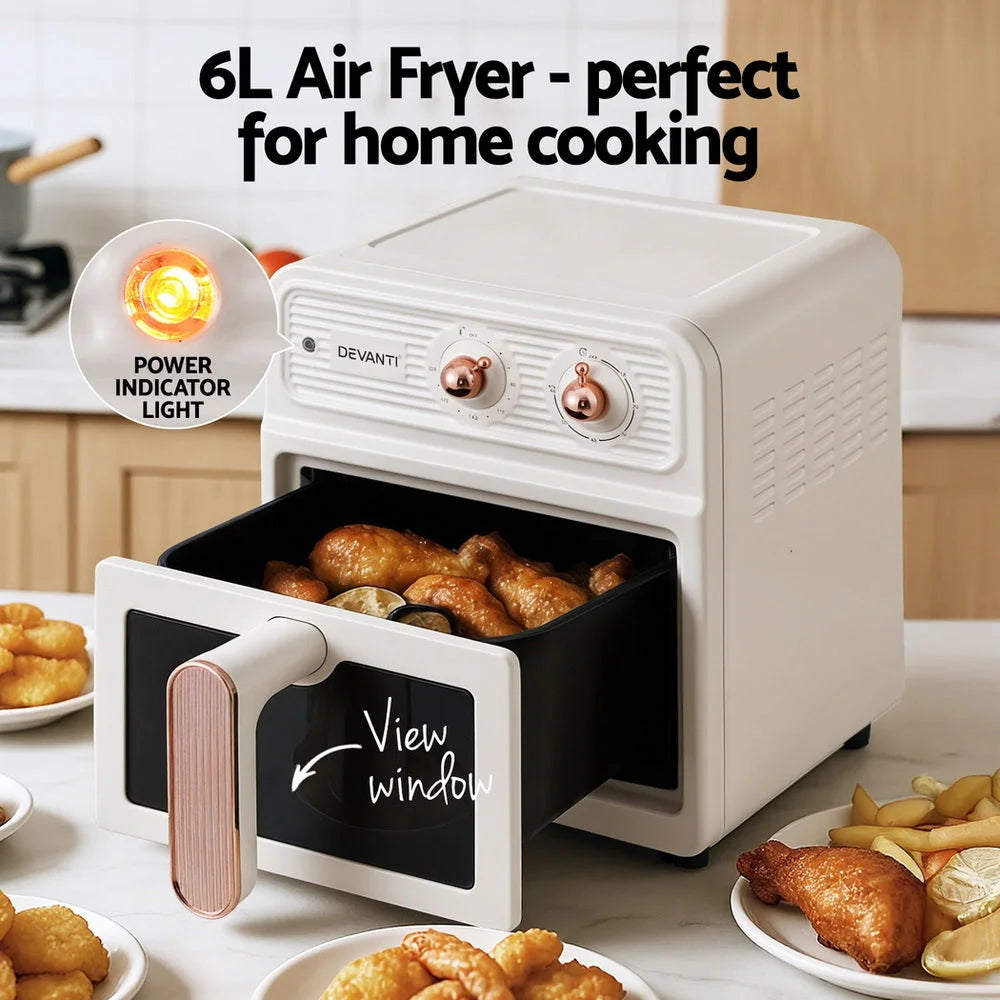 Devanti 6L Air Fryer Knob Control 1700W Cream - Appliances