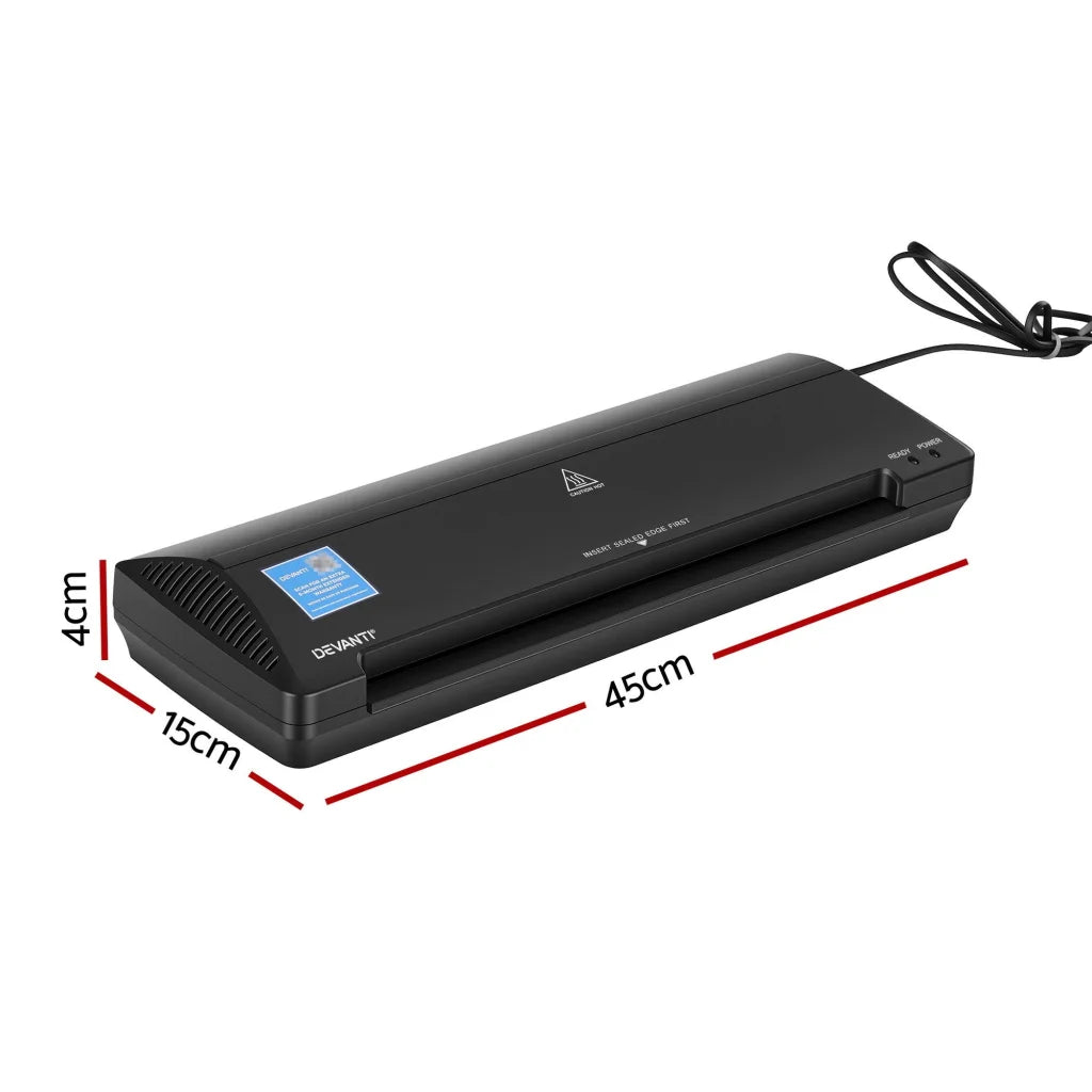 Black laminator with audio controls and protective lid