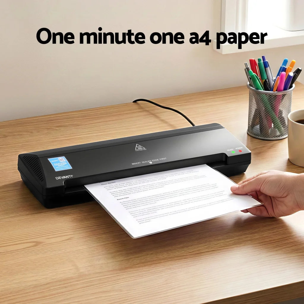 Black laminator with small housing and button controls