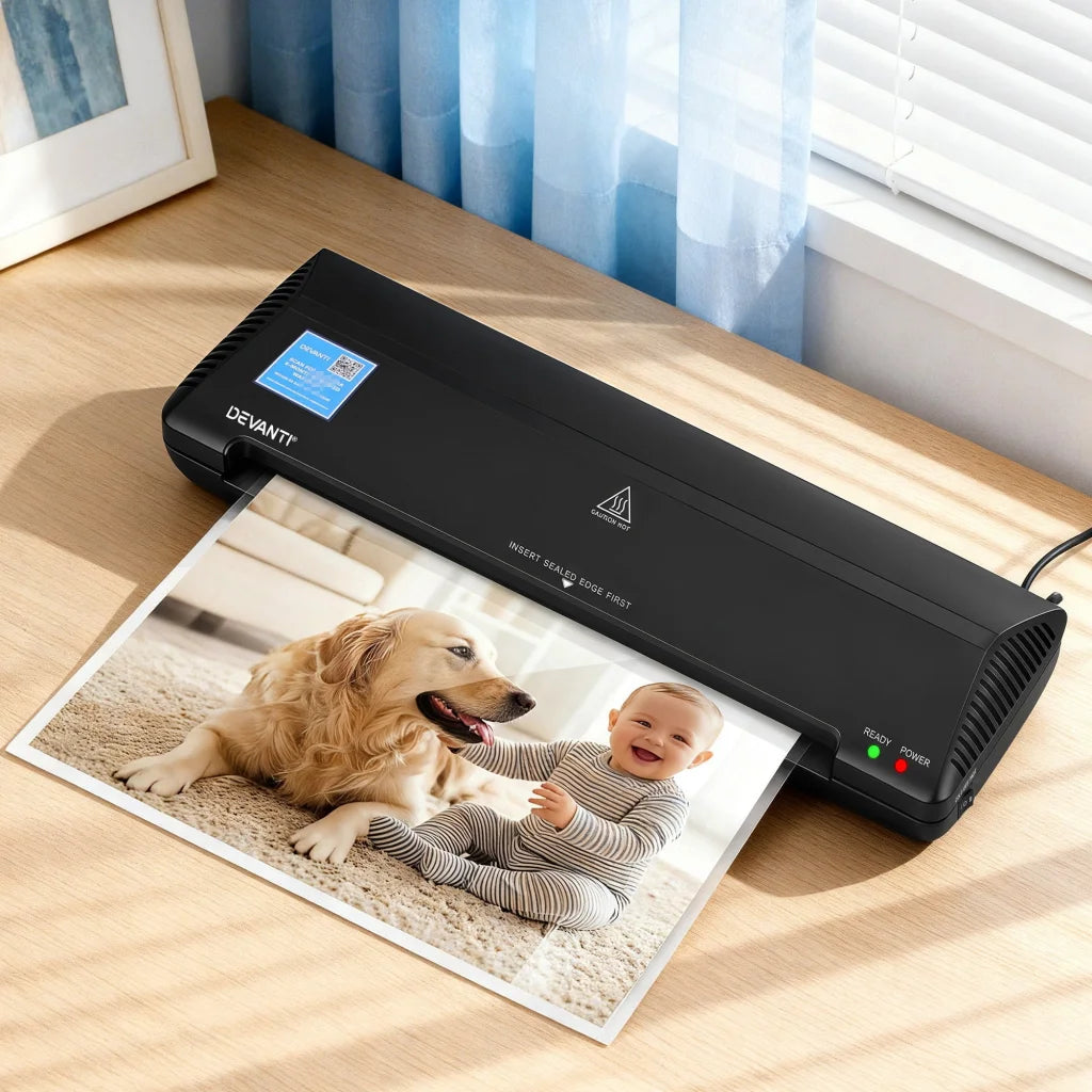 Black laminator with outer casing and connector ports