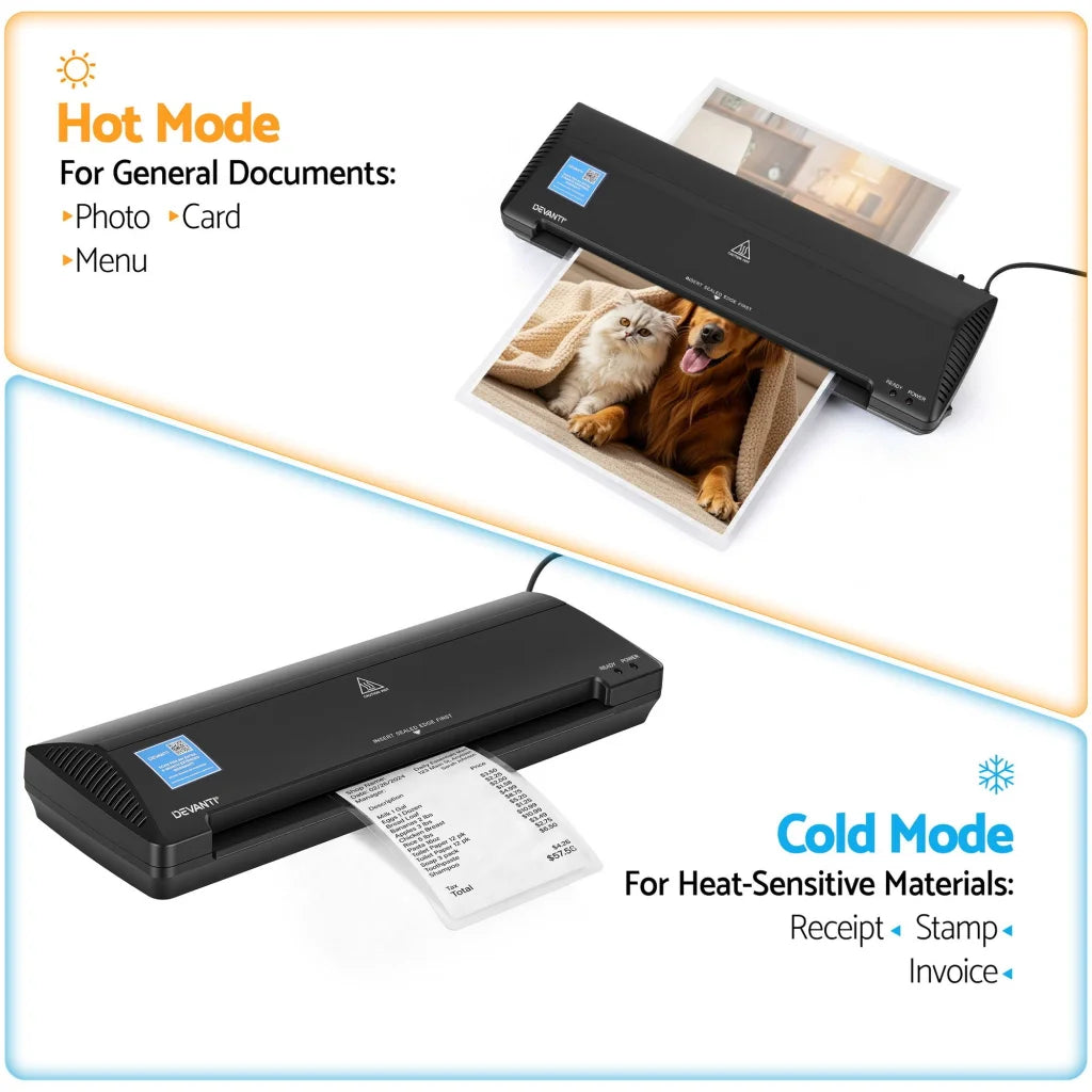 Black laminator with front controls and media tray