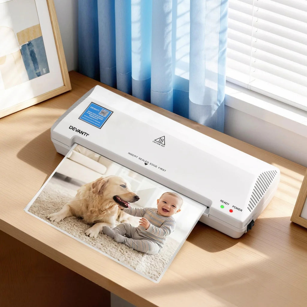 White laminator with small housing and button controls