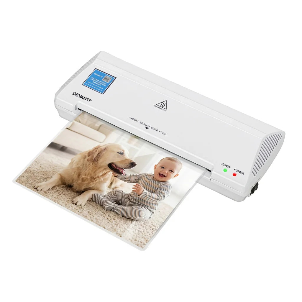 White laminator with front controls and media tray