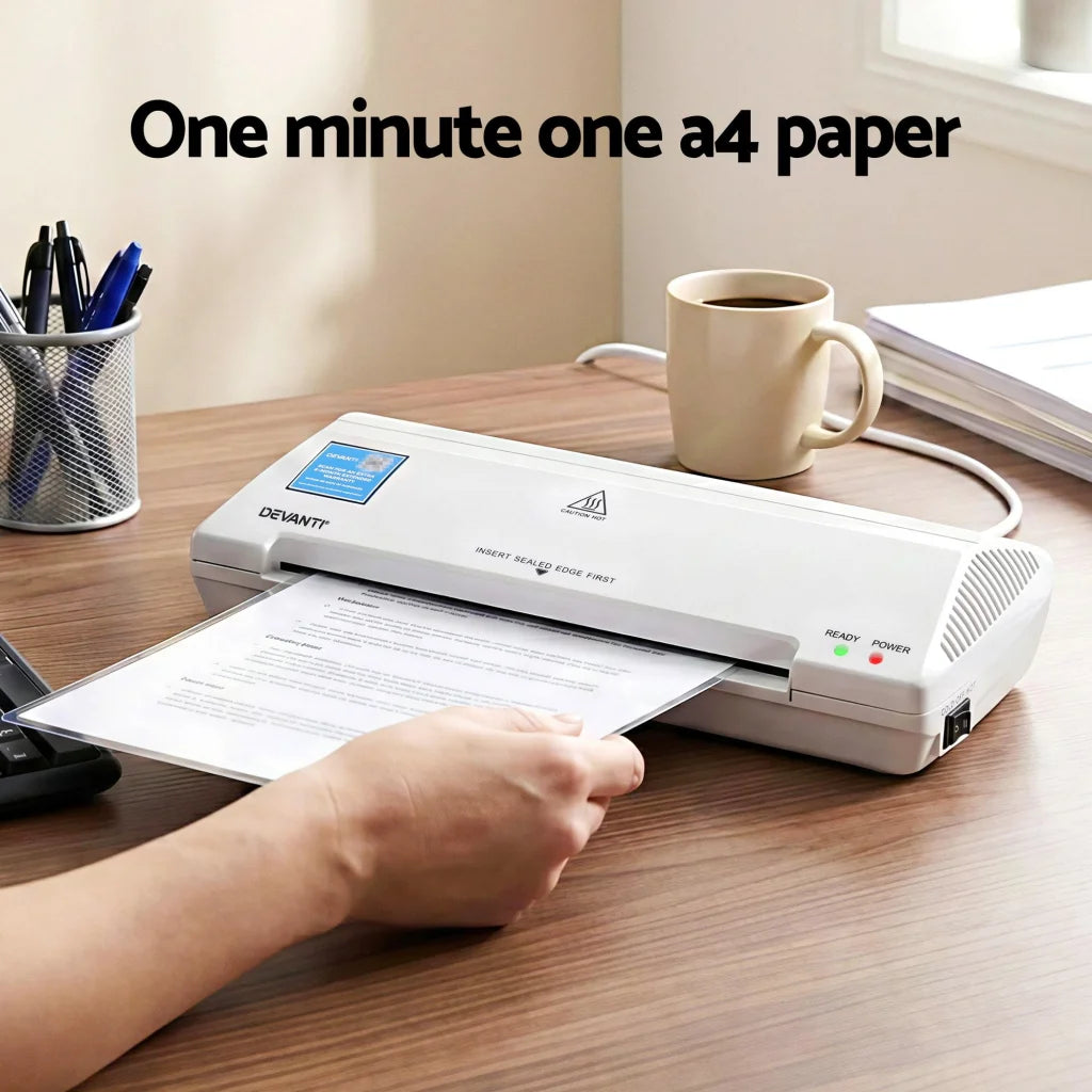 White laminator with audio controls and protective lid