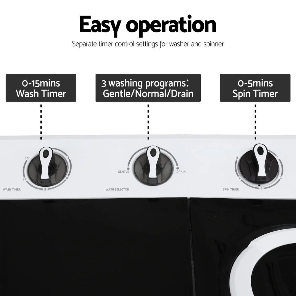 White 7kg devanti portable washing with matching accessories and clear item layout