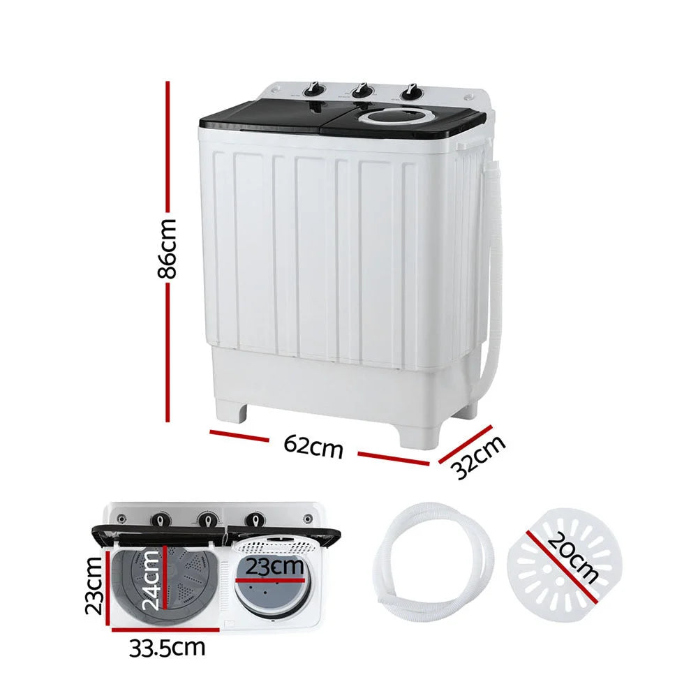 White 7kg devanti portable washing with handles, panels and accessory pieces