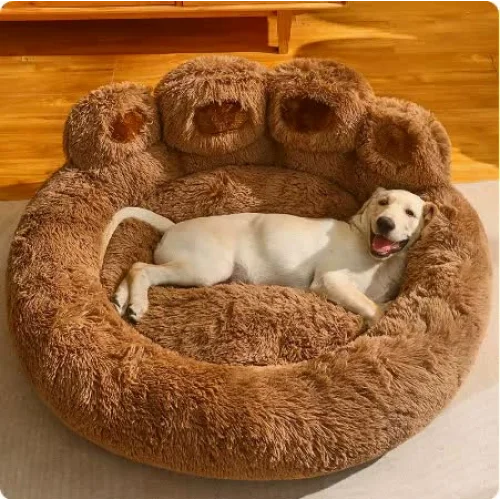 Diameter 90cm Brown Plush Dog Bed with Paw