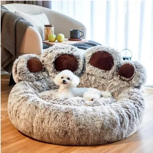Diameter 90cm Grey Plush Dog Bed with Paw Design - Ultra