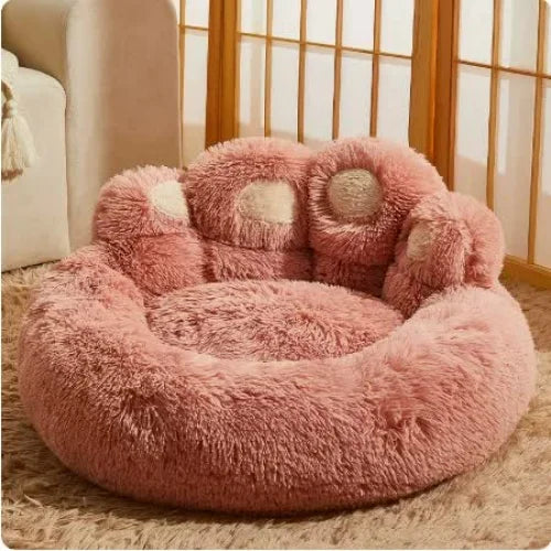 Diameter 90cm Pink Plush Dog Bed with Paw