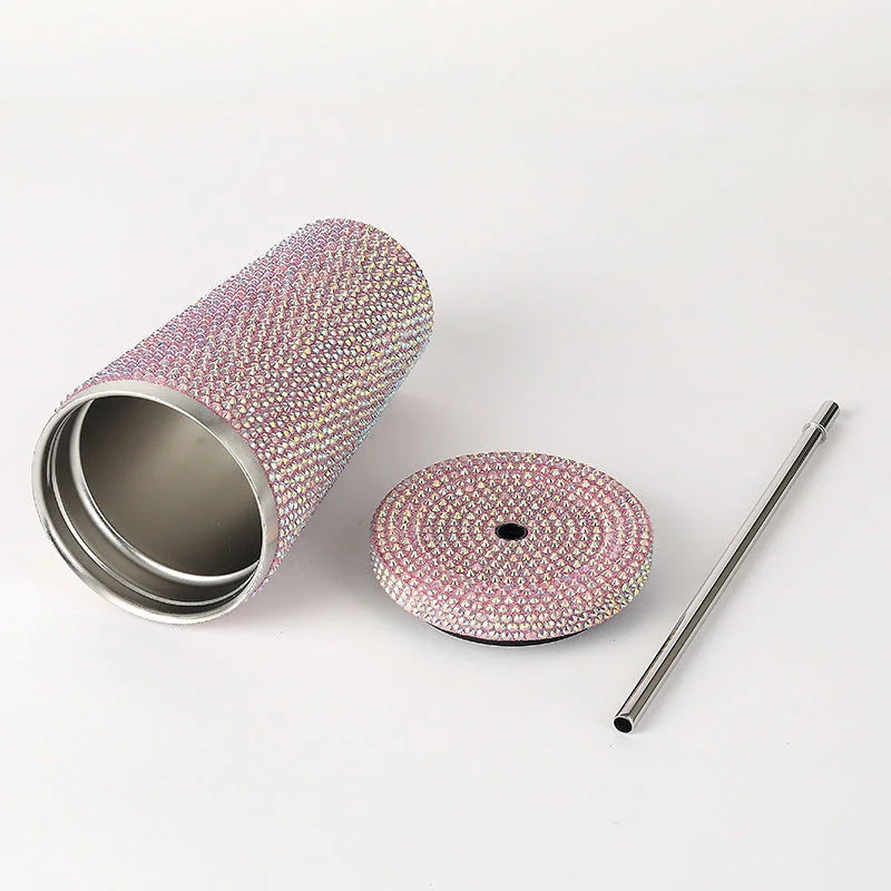 Diamond-Inlaid Insulated 304 Stainless Steel Cup with Straw