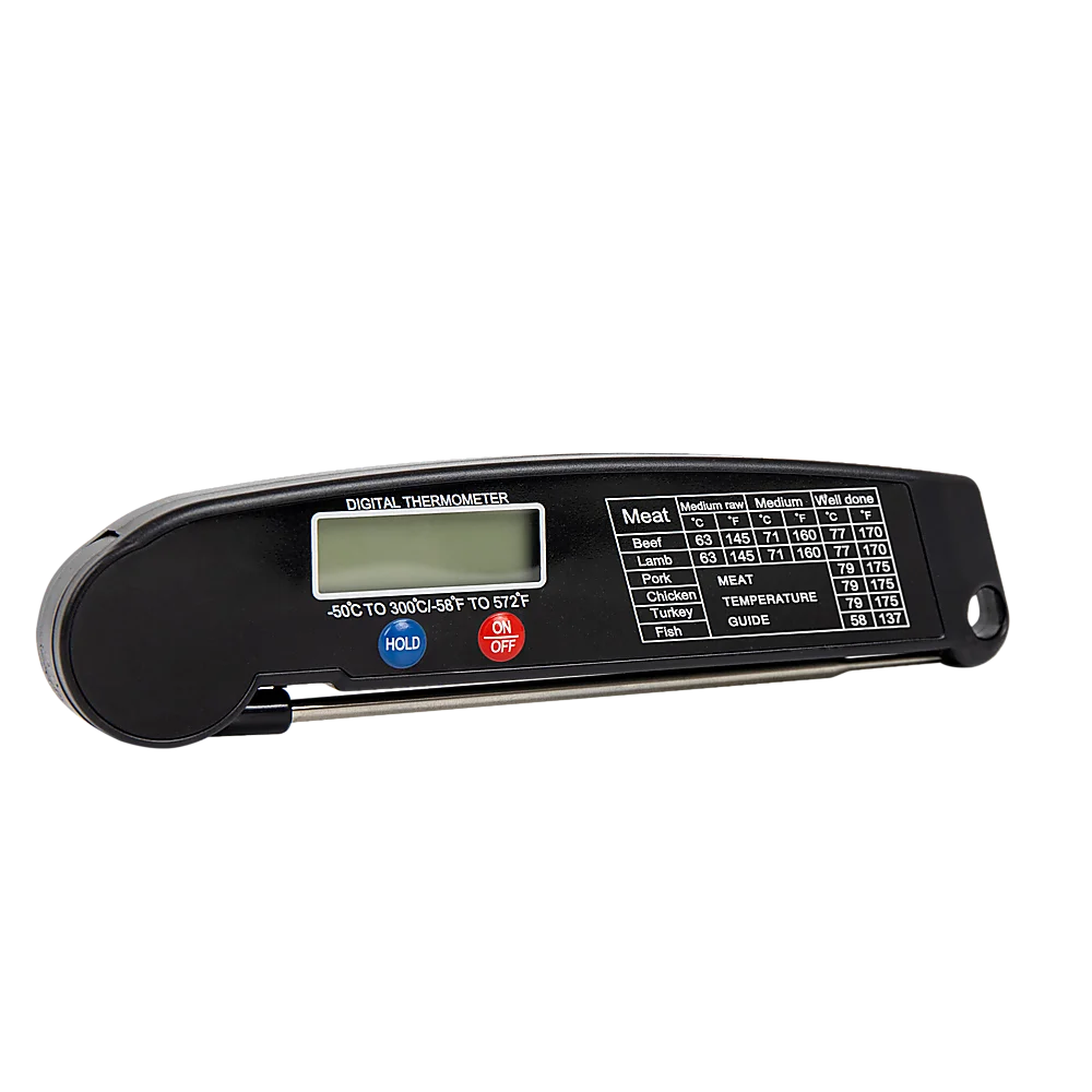 Digital food thermometer with handles, panels and accessory pieces