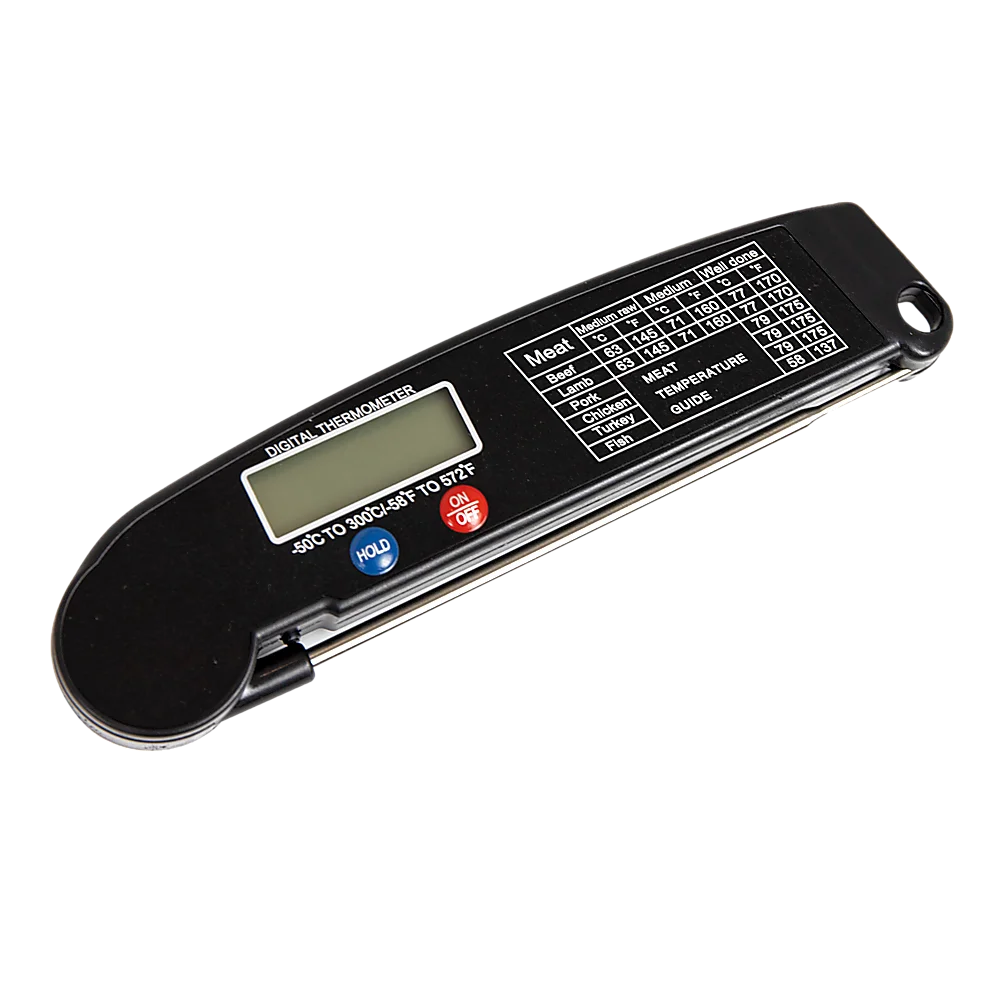 Digital food thermometer with caster wheels and side handle rail