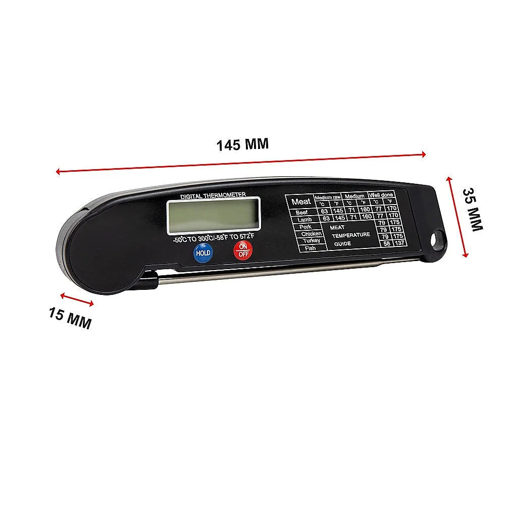Digital food thermometer with matching accessories and clear item layout