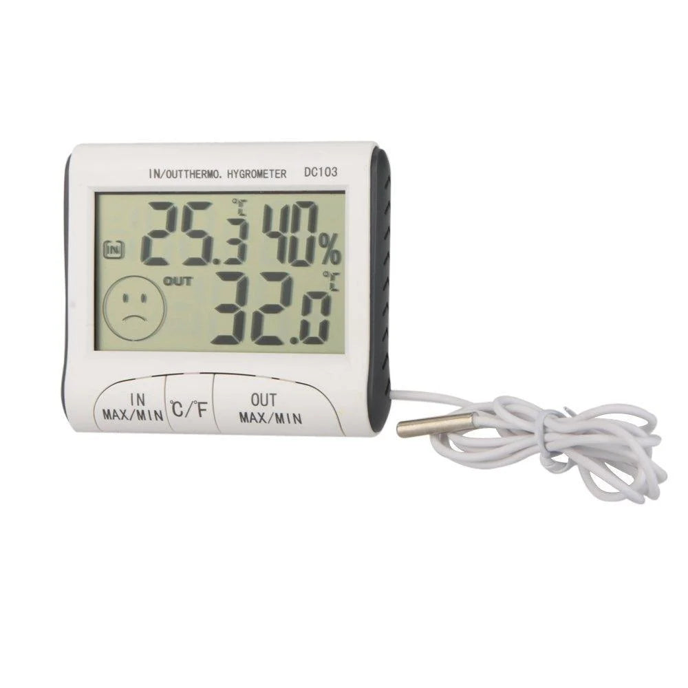 Digital Thermometer Hygrometer with External Sensor - White