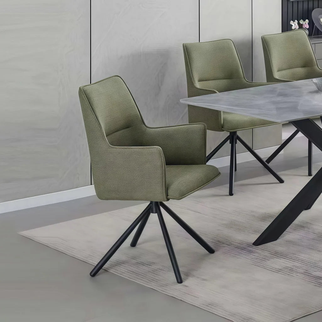 Dining Chair Green Linen Fabric Upholstered Seat Powder