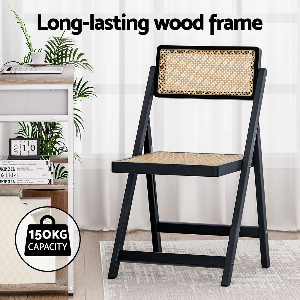 Dining Chair Wooden Rattan Foldable - Black - Furniture