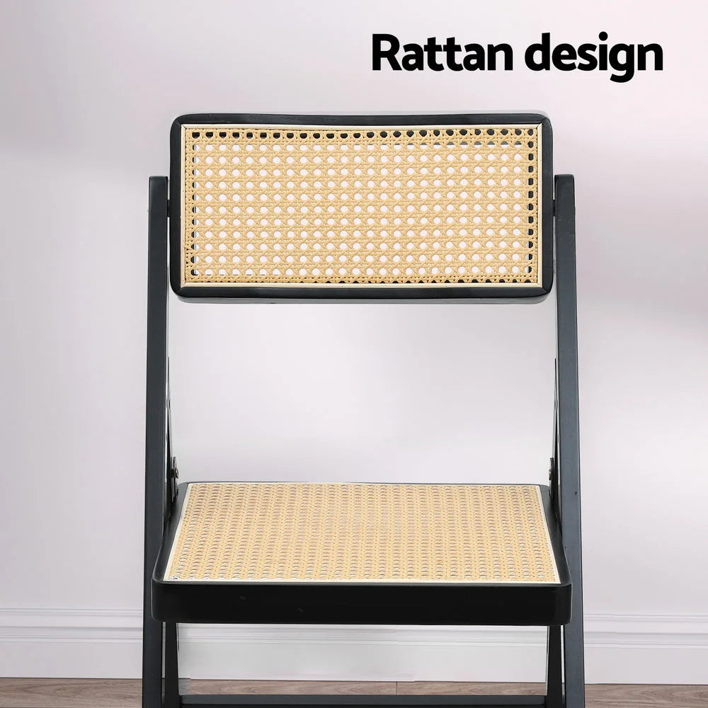 Dining Chair Wooden Rattan Foldable - Black - Furniture